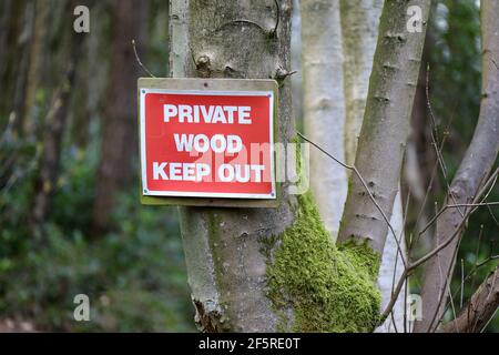 Private Wood Keep Out Zeichen in Großbritannien Stockfoto