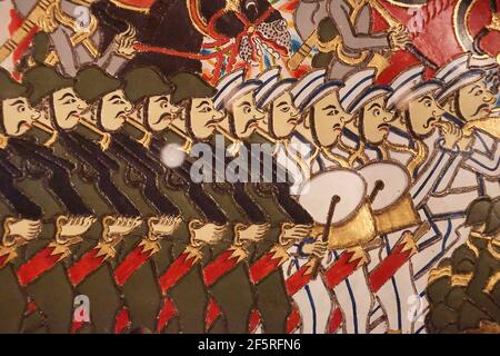 AMSTERDAM, NIEDERLANDE - Dec 12, 2018 - Wayang Marionetten von niederländischen Kolonialarmee und Javanischen während Java Krieg, Tropen Museum, Amsterdam, Niederlande Stockfoto