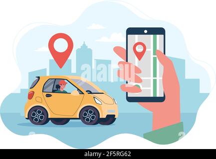 Online-Lieferdienstkonzept, Online-Auftragsverfolgung, Lieferung zu Hause und im Büro. Kurier auf einem Elektroauto. Vektorgrafiken im flachen Stil auf dem Hintergrund der Stadt. Stock Vektor