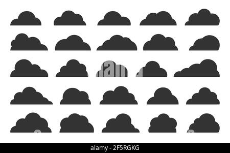 Abstrakte schwarze flache Wolken Icon-Set isoliert auf weiß. Verschiedene Formen flauschige Wolke Symbole Symbol Sammlung. Web-Banner für Klimameteorologie, Datenbanktechnologie, Etikett für Speicheranwendungen für Netzwerke Stock Vektor