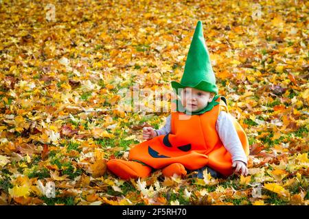 Süßes, blauäugiges Baby, das an einem Herbsttag als Kürbis in einem Park gekleidet ist Stockfoto