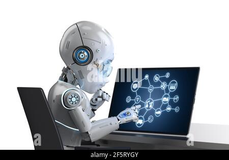 Automatisierung Fabrik Konzept mit 3D Rendering Roboter arbeiten mit Computer Notebook im Werk Stockfoto