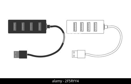 Ein Satz moderner USB-Splitter mit Anschlüssen und Kabel. Ein Splitter für einen Computer oder Laptop. Flache Vektorgrafik Stock Vektor