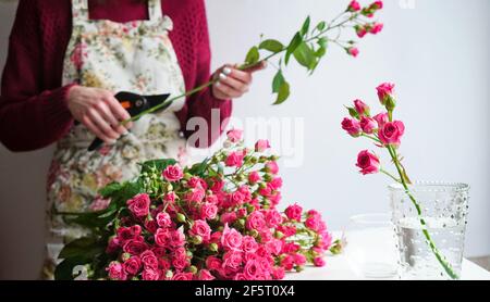 Nahaufnahme der Hand einer Floristin in einer Blumenschürze Schneidet die Stängel eines Bouquets von rosa Rosen mit Scheren in einem Blumenladen bei der Arbeit.Konzept des Wor Stockfoto