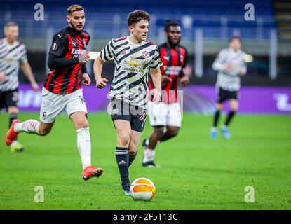 Daniel James vom Manchester United FC in Aktion während der UEFA Europa League 2020/21 Runde des Fußballspiels Second Leg 16 zwischen AC Mailand und Manchester United FC im San Siro Stadium.(Endstand; AC Mailand 0 - 1 Manchester United FC) Stockfoto