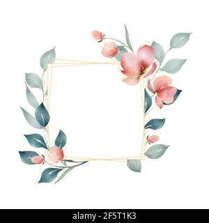 Eleganter quadratischer Rahmen mit Aquarellblumen. Isoliert auf Weiß Stockfoto