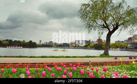 Der Ohori Park ist ein angenehmer Stadtpark im Zentrum von Fukuoka (Japan) mit einem großen Teich in der Mitte. Der Park wurde zwischen 1926 und 1929 errichtet. Stockfoto