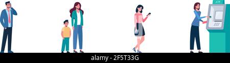 Vektor. Männer und Frauen stehen in der Schlange am Geldautomaten, sie halten Abstand. Sozialer Sicherheitsabstand zwischen den Menschen, um das Virus nicht zu verbreiten, COVID-19. In der Schlange, um Bargeld abzuheben und Geld auf die Karte zu legen. Stock Vektor
