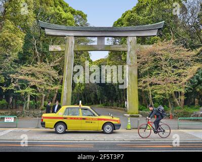 Torii-Tor aus japanischer Zypresse am Gokoku-Schrein von Fukuoka. Diese Torii ist zufällig die größte aus rohem Holz hergestellte Torii in Japan. Stockfoto