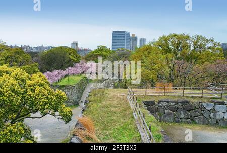 Blick von den Ruinen der Burg Maizuru: Ohori Park und Fukuoka Skyline. Fukuoka, Japan. 04-07-2015 Stockfoto