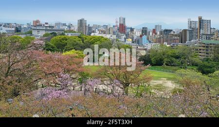 Blick auf die Skyline von Fukuoka von den Ruinen der Burg Maizuru. Fukuoka, Japan. 04-07-2015 Stockfoto