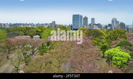 Blick auf die Skyline von Fukuoka von den Ruinen der Burg Maizuru. Fukuoka, Japan. 04-07-2015 Stockfoto