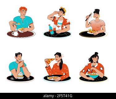 Satz von Menschen Männer und Frauen essen verschiedene Lebensmittel, Cartoon-Vektor-Illustration isoliert auf weißem Hintergrund. Sammlung männliche und weibliche Charaktere in fa Stock Vektor