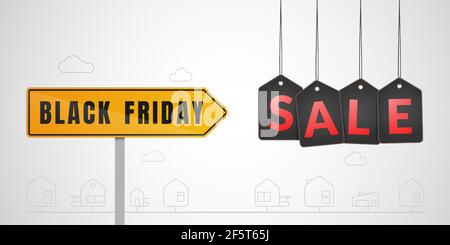 Das Banner für schwarzen Freitag Verkauf. Es gibt einen gelben Richtungszeiger mit einem Text, Tags mit einem Wort des Verkaufs, die Umrisssymbole von Häusern. Stock Vektor