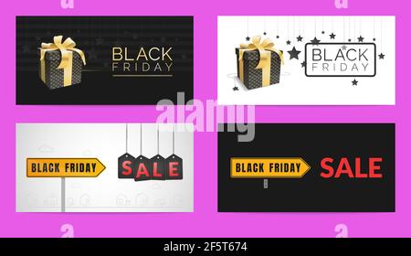 Das Set von Bannern für den schwarzen Freitag Verkauf. Sie sind isoliert auf einem violetten, durchgehenden Hintergrund. Das Konzept ist ein Rabattangebot. Stock Vektor