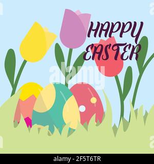 Frohe Ostern Grußkarte minimalistischer Stil - flaches Design. Bunt und lebendig, 3 Eier in Gras und Tulpen Vektor-Design Stock Vektor