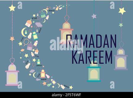 Ramadan Grußkarte Vektor-Illustration mit einem Halbmond aus verschiedenen Ramadan verwandten Elementen, und Ramadan Laternen im Hintergrund Stock Vektor