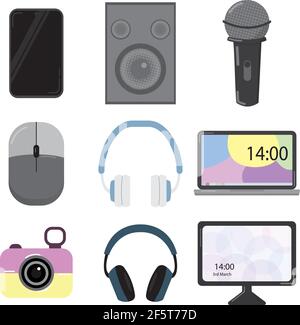 Set aus neun Geräten, darunter eine Kamera, 2 Headsets (Kopfhörer), Lautsprecher, Mikrofon, Telefon, Eine Maus, ein Laptop und ein Monitor. Multimedia-Geräte. Stock Vektor