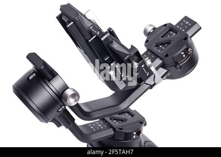 Gimbal-Stabilisator für Kamera isoliert auf weißem Hintergrund. Stockfoto