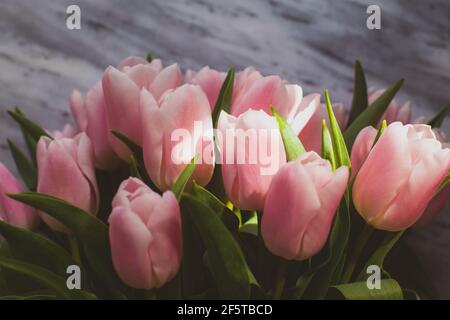 Rosa Tulpen auf Marmorboden, floraler Rand Stockfoto