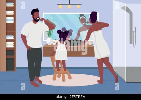 Familie Zähneputzen flache Farbe Vektor Illustration Stock Vektor