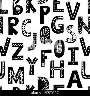 Nahtloses Alphabet-Muster. Skandinavischer Buchstabe Hintergrund für Kinderzimmer. ABC Vektor nordische Tapete Stock Vektor