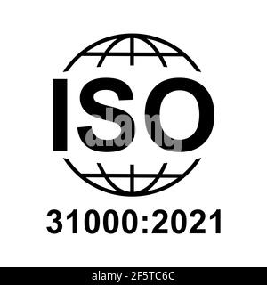 ISO 31000:2021-Symbol. Risikomanagement. Symbol für Standardqualität. Vektor-Button-Zeichen auf weißem Hintergrund isoliert. Stock Vektor