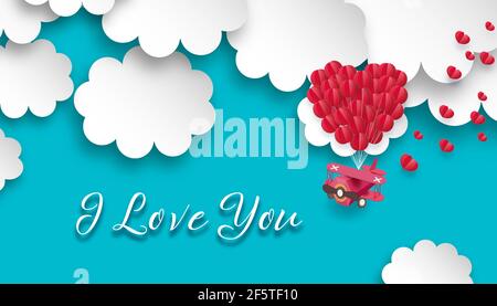 Ich liebe Sie Nachricht auf Papier geschnitten Himmel, Flugzeug und Herzen auf blauem Hintergrund. Love Card-Design. 3D Abbildung. Stockfoto