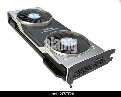 Grafikkarte. Moderne Gaming GPU Grafikprozessor isoliert auf weiß. 3D Abbildung Stockfoto