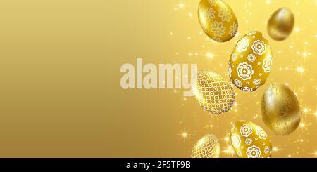 Osterhintergrund mit realistisch golden verzierten Eiern. Auf goldenem Hintergrund. Grußkartendesign. Einladungsvorlage 3D Abbildung Stockfoto