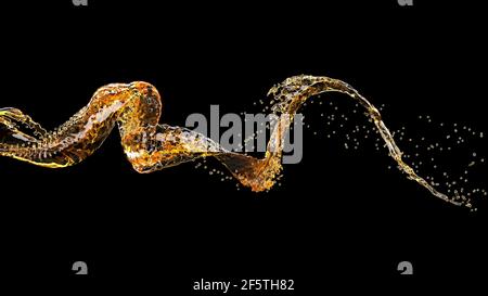 3D gelber Bierstrom flüssiger Spritzer auf schwarz 3D Render Stockfoto