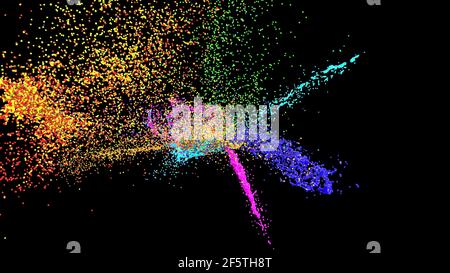 Farbe Spritzlack Explosion Pulver Staub Knall Explosion isoliert auf Schwarz 3D Render Stockfoto