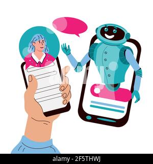 Chatbot Online-Support-Konzept mit Frau kommunizieren mit Roboter, Cartoon-Vektor-Illustration isoliert auf weißem Hintergrund. Robot-Service für Kunden, Stock Vektor