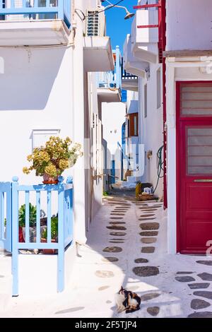 Kleine gemütliche Straße in Chora Stadt auf Mykonos Insel. Griechenland, griechische Architektur, Stadtbild Stockfoto
