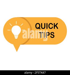 Orange Sprechblase mit schnellen Tipps Text. Konzept der Nachricht. Flacher Stil. Studie Praxis Zeichen. Neues Wissen Symbol. Stockfoto