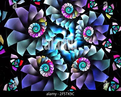 Bunte Blumenmalerei Glas Eindruck kaleidoskopischen Design. Schöne getönte Mosaik-Muster für Kunst Hintergrund, (fraktale Kirche Glasmalerei Abstraa Stockfoto