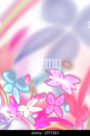 Ein farbenfrohes, helles Neon-Design mit abstrakten Blumen und Schmetterlingen. Illustration von abstrakten, schönen, Blume romantische Fantasie und Hintergrund mit Flyin Stockfoto