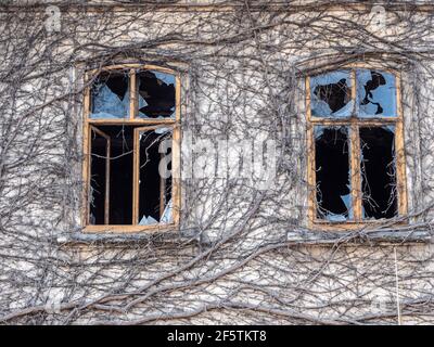 Alte Fassade mit zwei kaputten Fenstern Stockfoto