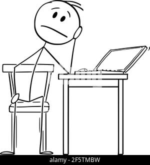 Müde oder traurige Mann arbeiten am Computer zu Hause während Quarantäne, Home Office, Vektor Cartoon Stick Abbildung Stock Vektor