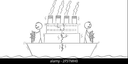 Zwei Schiffskapitänen oder Steuermänner sind Steuerschiff in entgegengesetzter Richtung, Boot ist knackig. Vektor Cartoon Stick Abbildung Stock Vektor