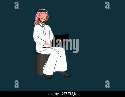 Ein Saudi-Mann, der mit einem Laptop sitzt und arbeitet, EIN Saudi-Mann, der mit einem Laptop arbeitet Stock Vektor