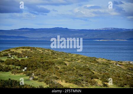 Ushuaia ist eine argentinische Stadt, die am südlichen Ende des Landes in Feuerland liegt und den Spitznamen "das Ende der Welt" trägt. Stockfoto