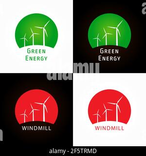 Firmenlogo für grüne Energie. Elektrisches, umweltgereinigtes, industrielles Markenkonzept. Windmühlen, Turbinen im Sonnenuntergang. Isoliertes Branding-Logo Stock Vektor