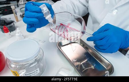 Polizei Experte erhält Blutprobe von einem zerbrochenen Flaschen in Kriminalistische Lab, konzeptionelle Bild Stockfoto