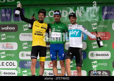 Primož Roglič, Julian Alaphilippe und Wout Poels - Tour of Britain 2018 GC Final Podium, London, 09/09/2018. Kredit: Jon Wallace Stockfoto