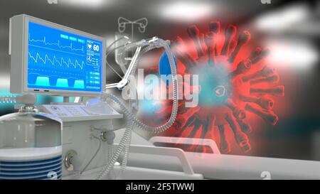 cg Medicine 3D Illustration, medizinischer Ventilator auf der Intensivstation mit Covid Stockfoto
