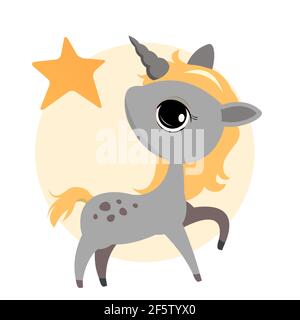 Kleines Baby Einhorn. Isoliertes Objekt auf weißem Hintergrund. Fröhliche Kind Tier. Cartoons im flachen Stil. Lustig. Vektor Stock Vektor