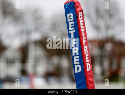 Rosslyn Park, London, Großbritannien. März 2021, 28th. Betfred Challenge Cup, Rugby League, London Broncos versus York City Knights; Betfred try line post Kredit: Action Plus Sports/Alamy Live News Stockfoto