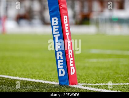 Rosslyn Park, London, Großbritannien. März 2021, 28th. Betfred Challenge Cup, Rugby League, London Broncos versus York City Knights; Betfred try line post Kredit: Action Plus Sports/Alamy Live News Stockfoto