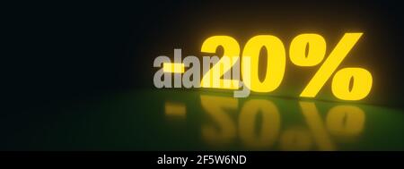 20% Rabatt Sale Promotion aus Neon 3D gerendert, Panorama-Bild Stockfoto
